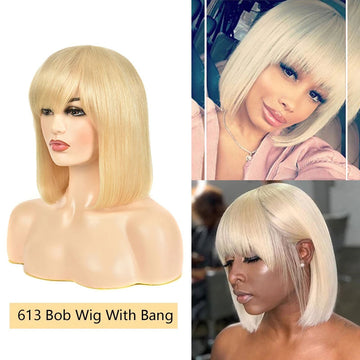 Ali Annabelle Blonde Straight Human Hair Wig with Bangs 613 Glueless Non Lace Short Bob Wigs
